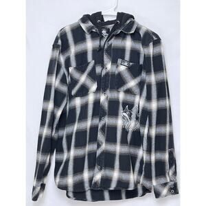 Lurking Class Mens XL Black/White Embroidered Long Sleeve Button Up Hooded Shirt
